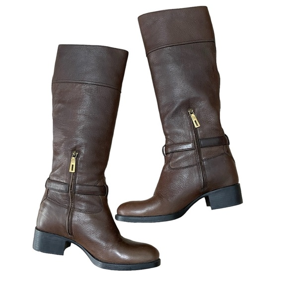 Prada Dark Brown Leather Signature Golden Logo Knee Length Boots - Picture 8 of 10